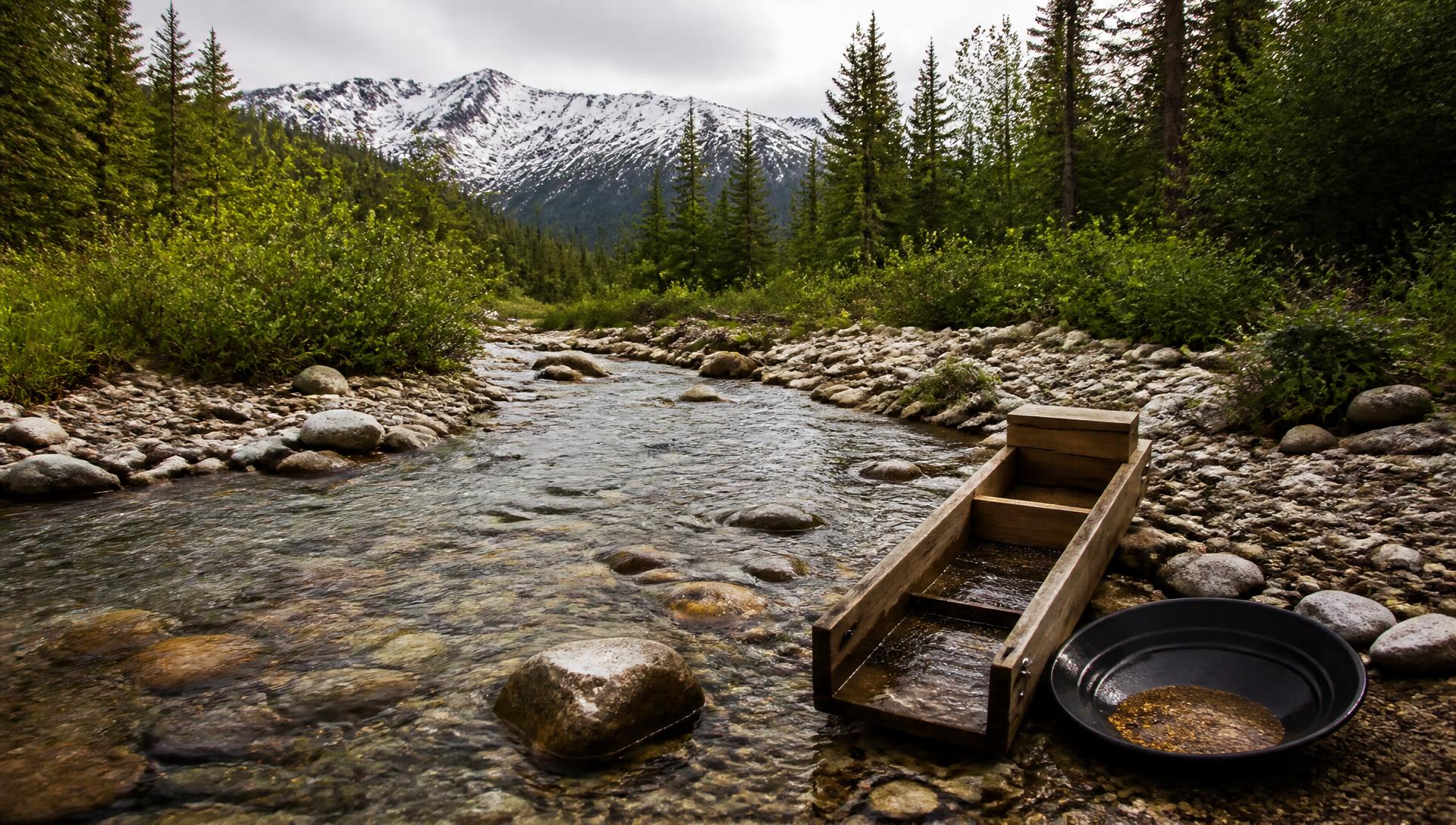 Clear mountain stream in Alaska with a gold pan and sluice box on the rocky bank